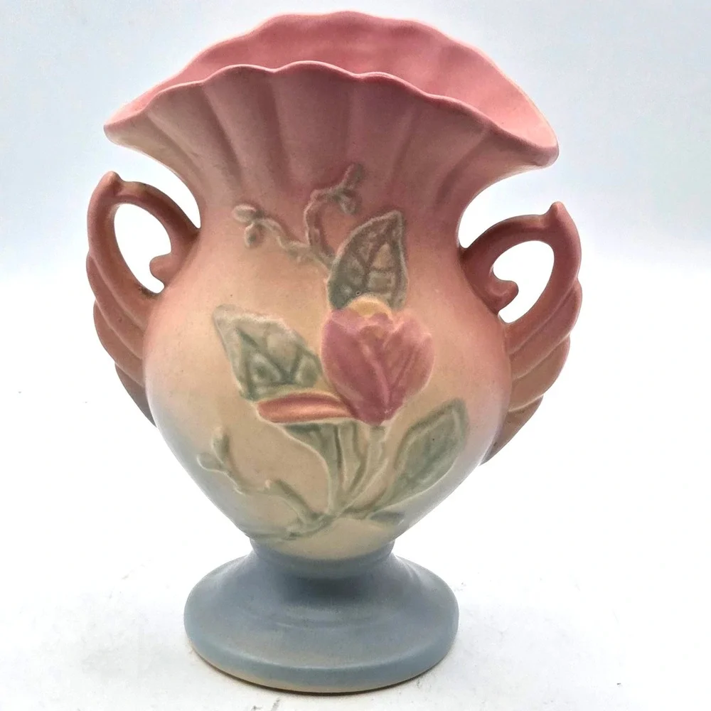 Hull Art Pottery Magnolia‎ Vase Double Handles Pink Yellow Blue  7
